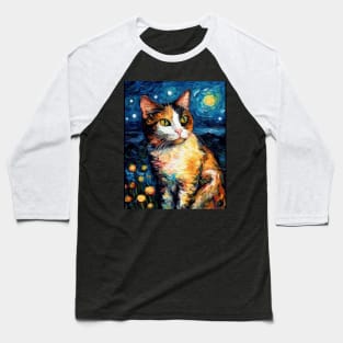 Starry Night Calico Cat Painting: Unique Feline Artwork with Whimsical Starry Sky Background Baseball T-Shirt
